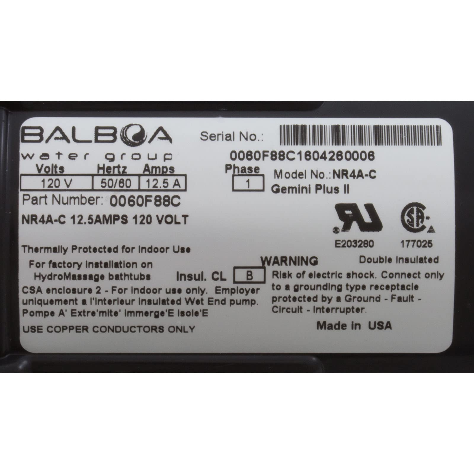 BALBOA WATER GROUP Balboa Water Group 0060F88C Gemini Plus II Pump 1.5hp 115V 1-1/2 w/AS OEM