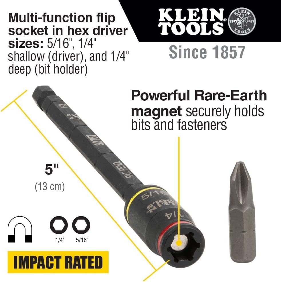 KLEIN TOOLS Klein Tools 32767 Impact Driver, 3-in-1 Impact Flip Socket and Bit Holder, 1/4-Inch and 5/16-Inch Hex Drivers, 5-Inch Length