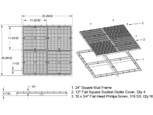AQUASTAR POOL PRODUCTS AquaStar 24101 Drain Grate 4x12 Sq with 24 Sq Frame Anti Entrap White