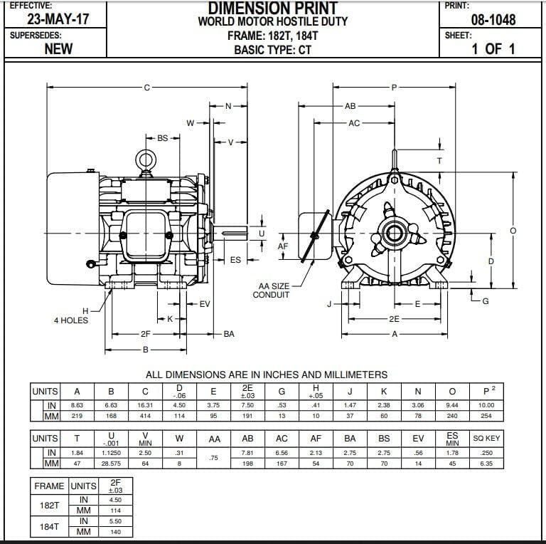 US MOTORS Nidec HD2P3E 2 hp 1200 RPM 184T Frame Electric Motor