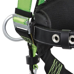 Peakworks V8255215 Fall Protection Full Body Safety Harness with Positioning Belt Padded Lumbar Support Back Side D-Rings Grommet Leg Buckles Hi Vis Green Black XXL