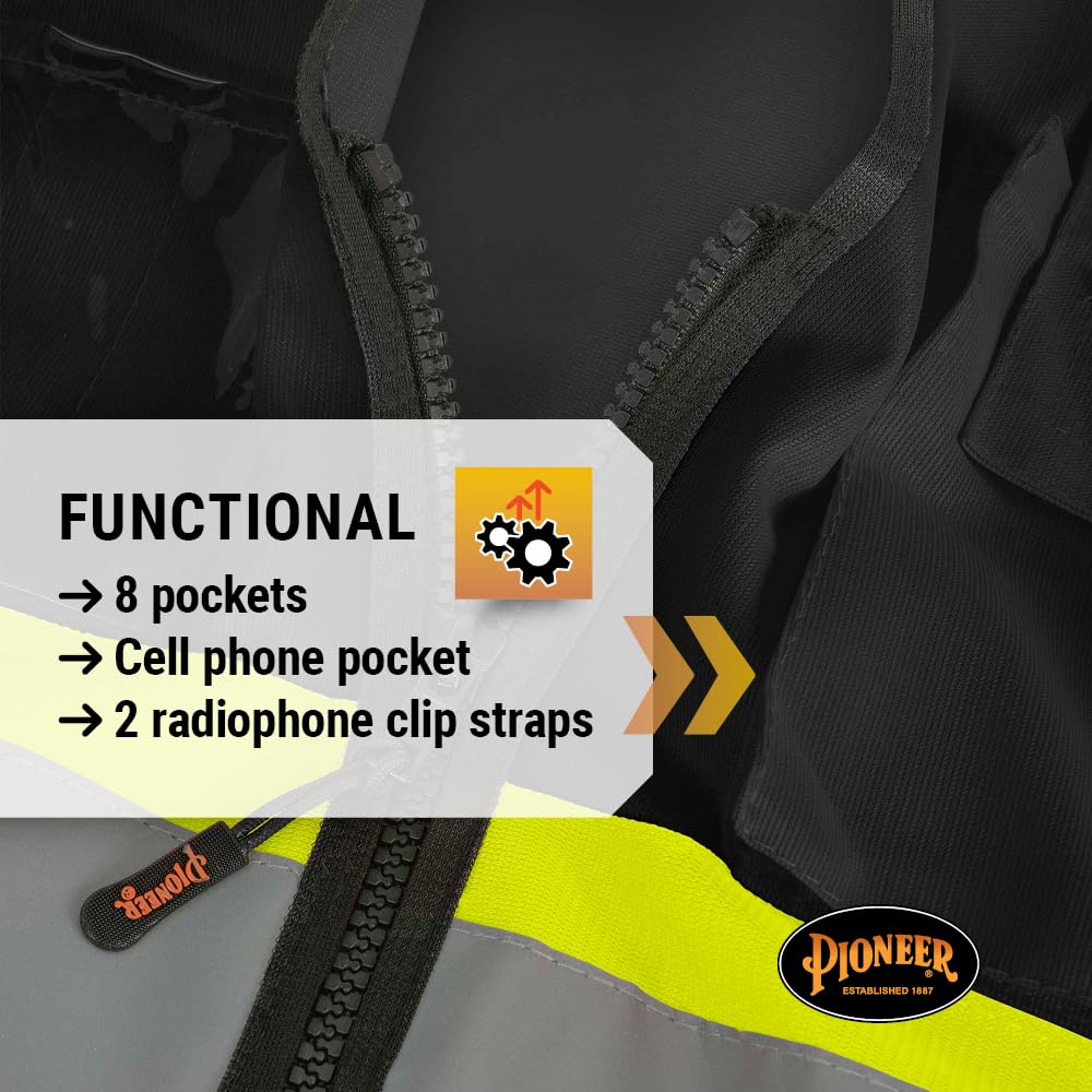 PIONEER Pioneer V1021571U-2/3XL Safety Vest - Hi Vis Reflective Solid Neon, 8 Pockets, Adjustable for Construction & Traffic Work