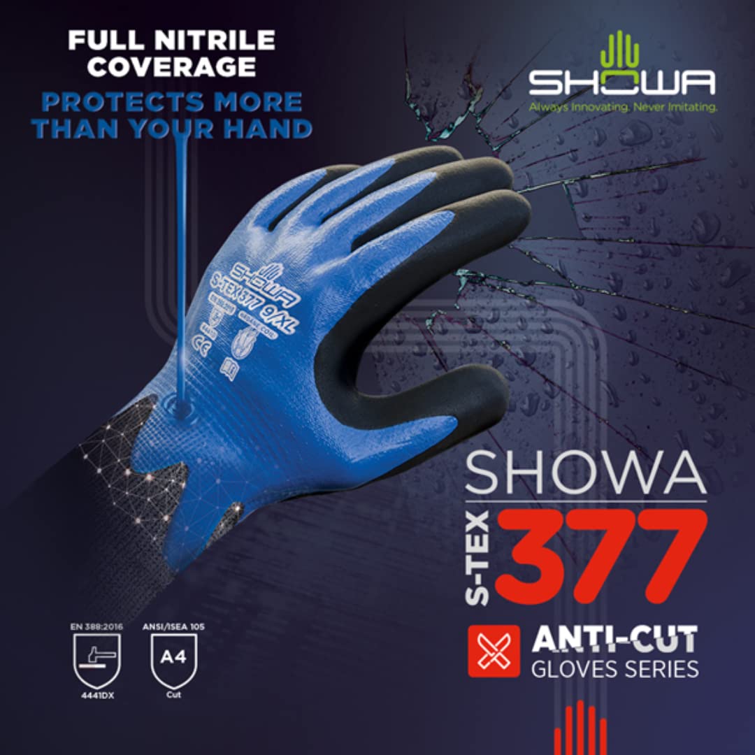 SHOWA SHOWA 377S-06 SHOWA 377 Nitrile Foam Coating on Nitrile Glove with Polyester/Nylon Knit Liner, Small (Pack of 12 Pairs) Blue