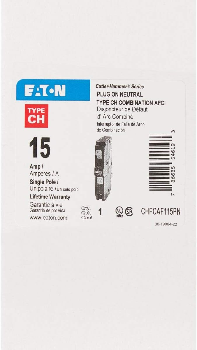 EATON Eaton CHFP115AF Plug-in Mount Type CH Combination Arc Fault Circuit Breaker 15 Amp 120 Volt AC Fire-Guard