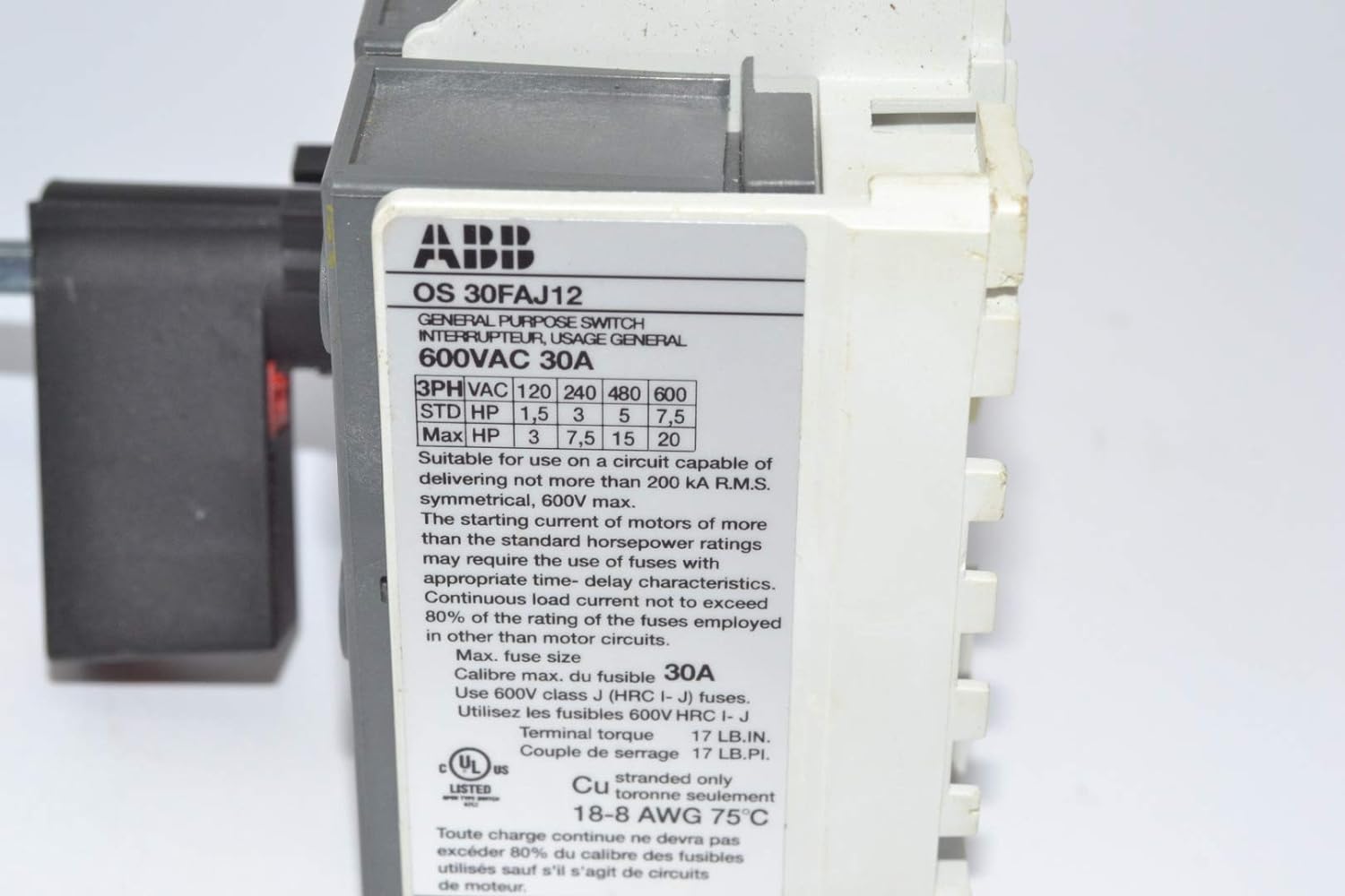 ABB ABB OS30FAJ12 Disconnect Switch 600 VAC 30 Amp 3-Pole