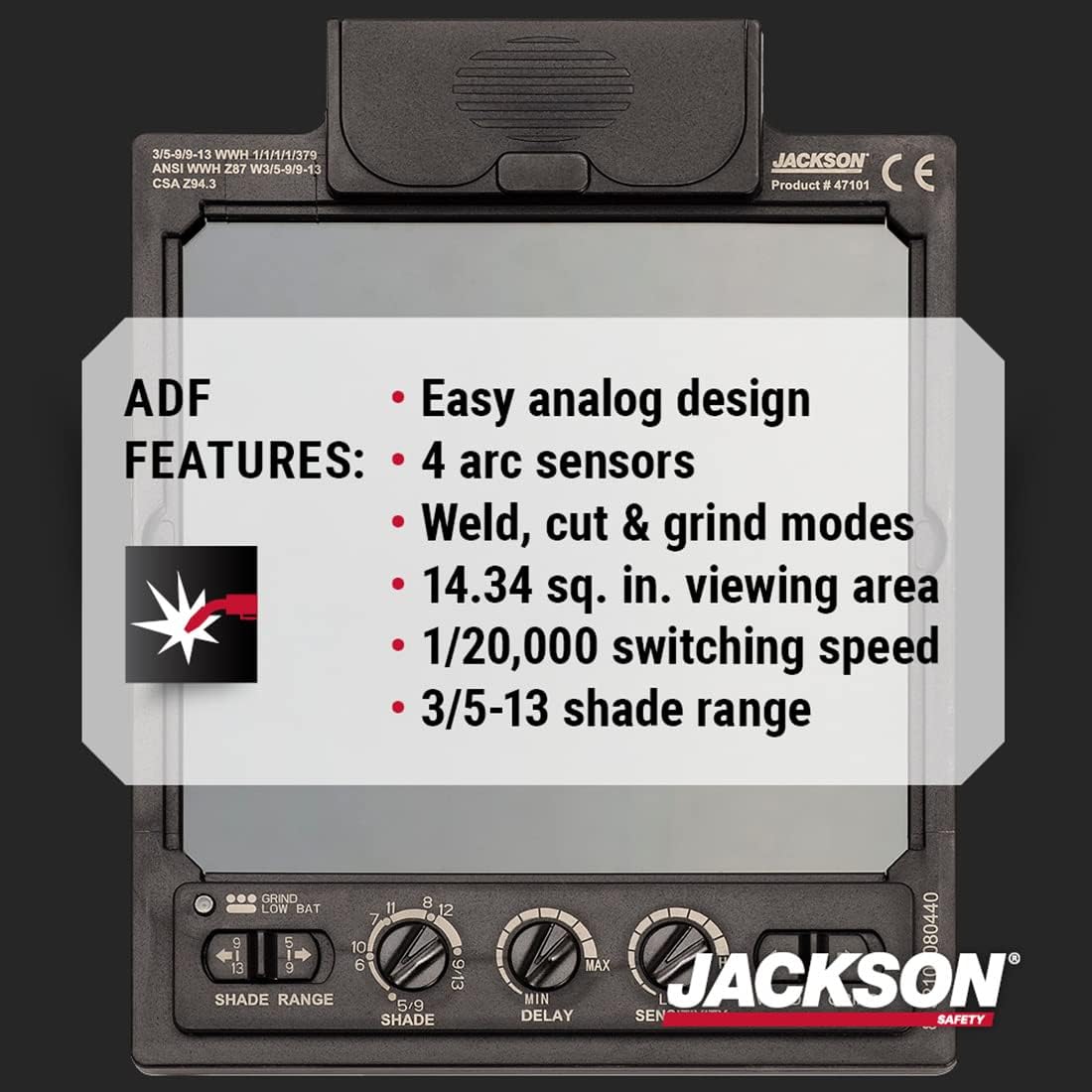 JACKSON SAFETY Jackson Safety 47101 Premium Auto Darkening Welding Helmet 3/5-13 Shade Range 1/1/1/1 Optical Clarity