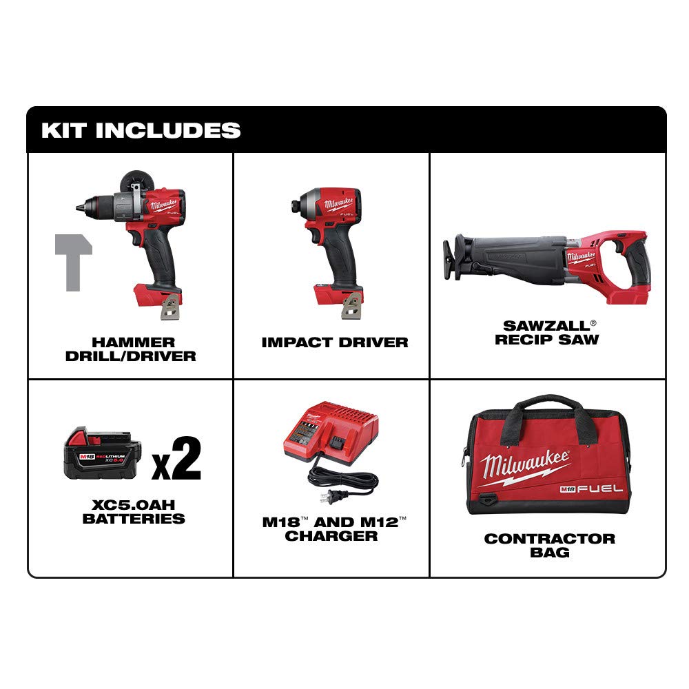 MILWAUKEE Milwaukee 2997-23 M18 Fuel 3-Tool Combo Kit Includes Hammer Drill Impact Driver and Sawzall Reciprocating Saw
