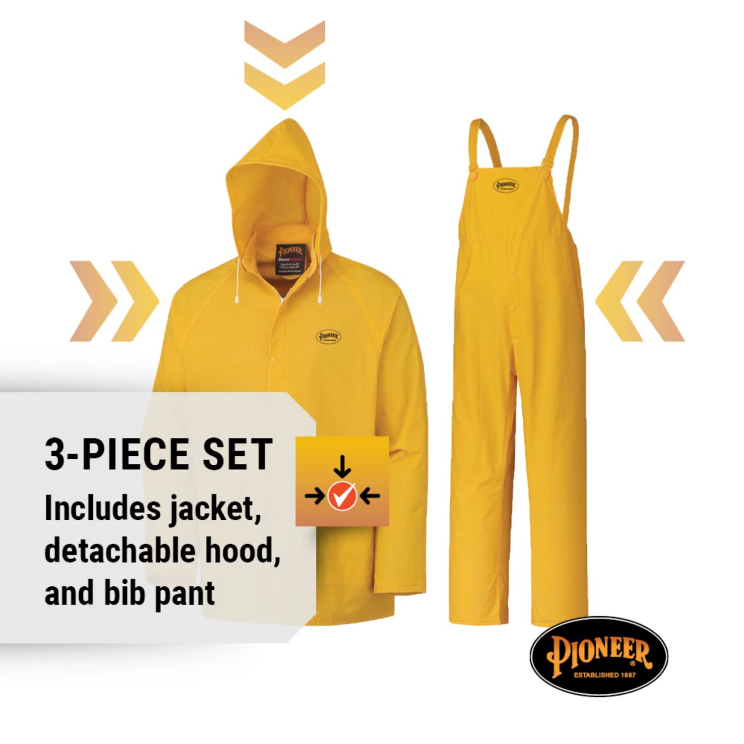 PIONEER Pioneer V3010460U-S Repel Rain Gear Safety Jacket & Bib Pants - Waterproof & Windproof PVC Work Suit for Men - 3 PC with Detachable Hood