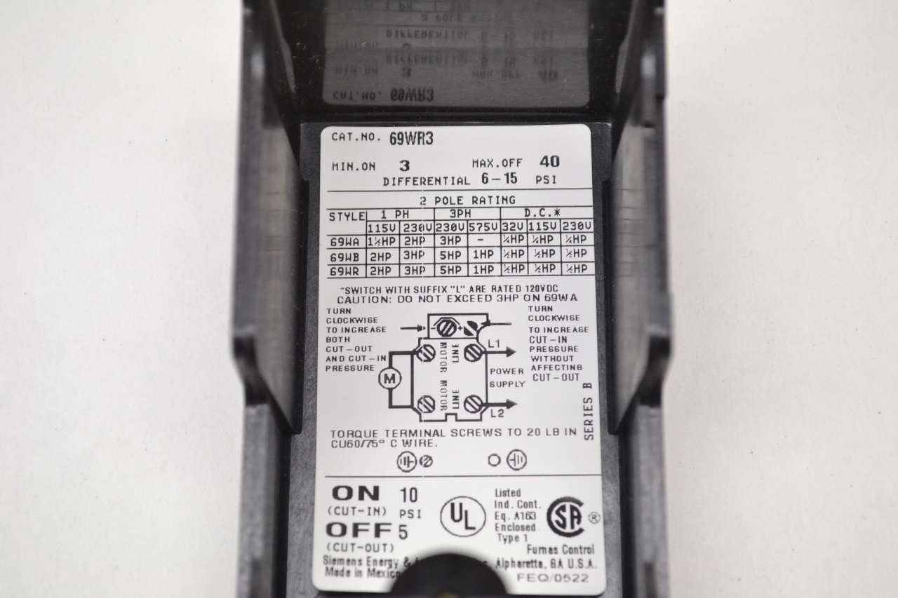 HUBBELL Hubbell 69WR3 Reverse Action Pressure Switch Electronic Switch