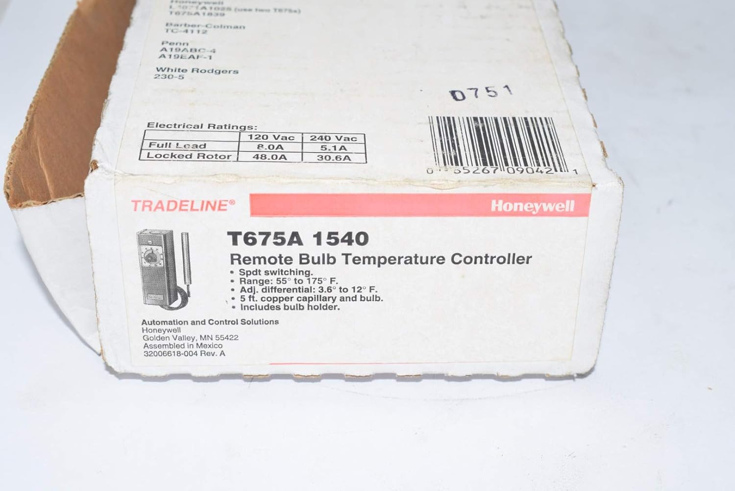HONEYWELL Honeywell T675A1540 Remote Bulb Controller 55 to 175F 5 ft Capillary Copper Bulb Temp Control SPDT Replaces T675A1417