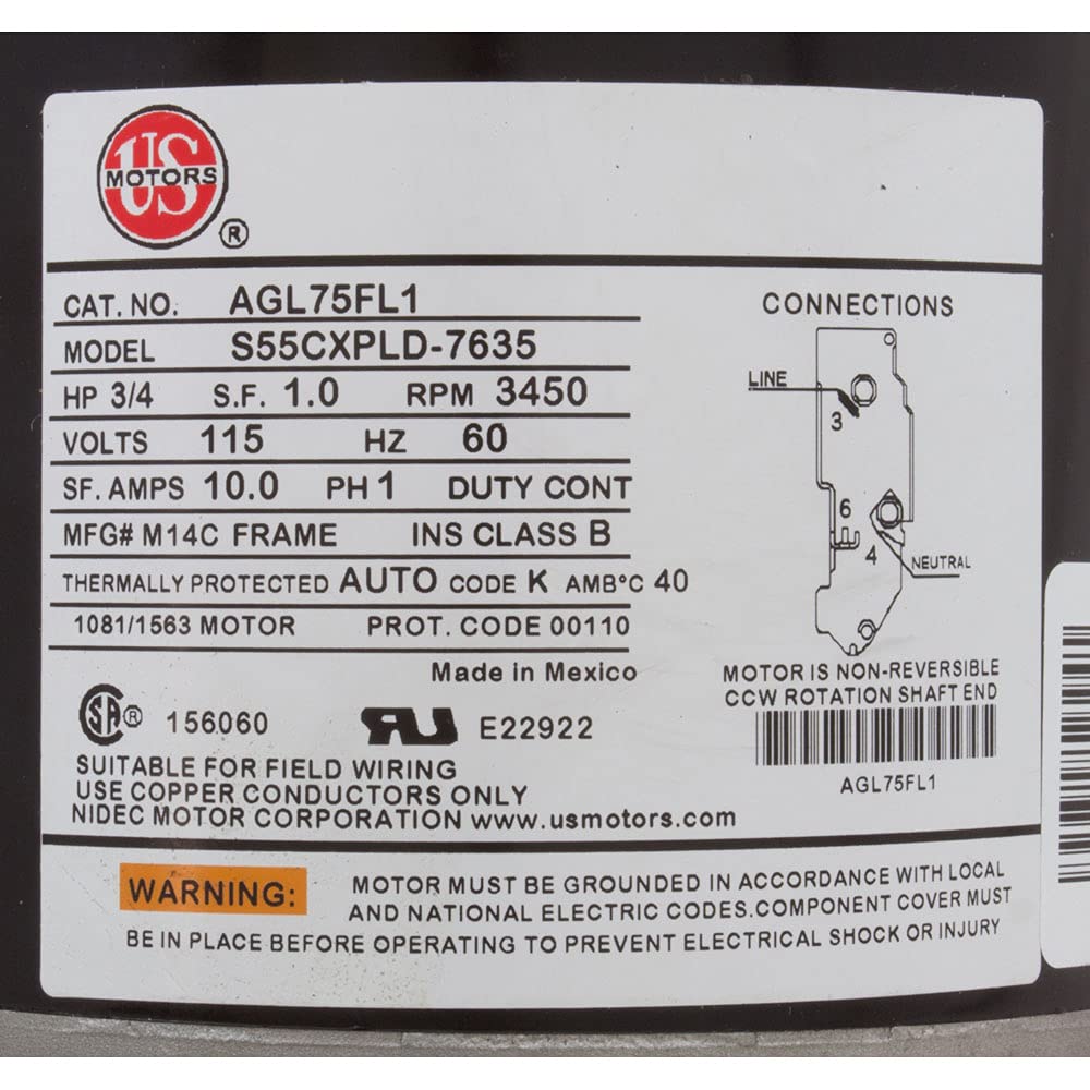 US MOTORS Nidec AGL75FL1 Motor 0.75hp 115v 1-Speed 48Y Frame