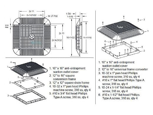 AQUASTAR POOL PRODUCTS AquaStar 1216103 AquaStar 16 Square Anti-Entrapment Suction Outlet Cover and Retro-Adapter Sub-Frame for 12 Square 1 Deep Retrofits (VGB Series)