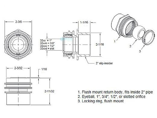 AQUASTAR POOL PRODUCTS AquaStar 3301B AquaStar Flush-Mount Return Fitting | with Water Stop Eyeball and Nut Aim Flow | Fits Inside 2 Pipe with 3/4 Orifice | White | 3301B