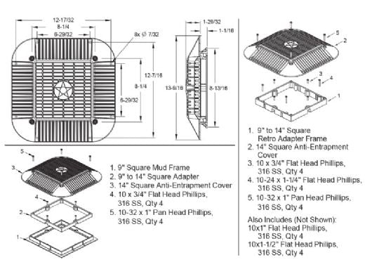 AQUASTAR POOL PRODUCTS AquaStar 914101 Main Drain Grate 14 x 14 Square Anti-Entrapment Suction Outlet Cover Mud Frame and Retro-Adapter Sub-Frame for 9 Square 3/4 Deep Retrofits