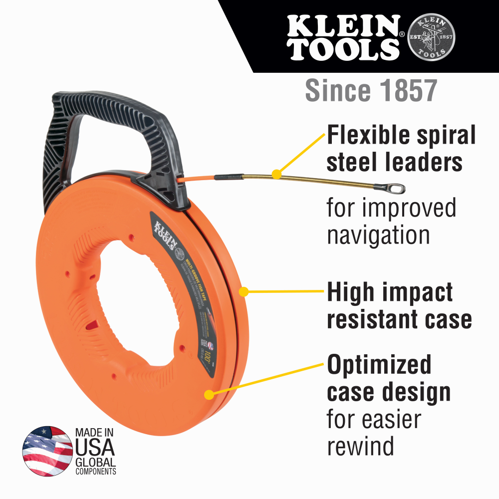KLEIN TOOLS Klein 56380 Multi-Groove Fiberglass Fish Tape with Spiral Steel Leader, 100-Foot