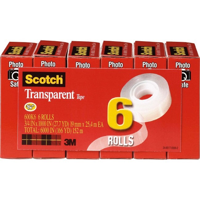 3M 3M MMM600K6 Transparent Tape 0.75 in x 27.78 yd (6/Pack) 600K6