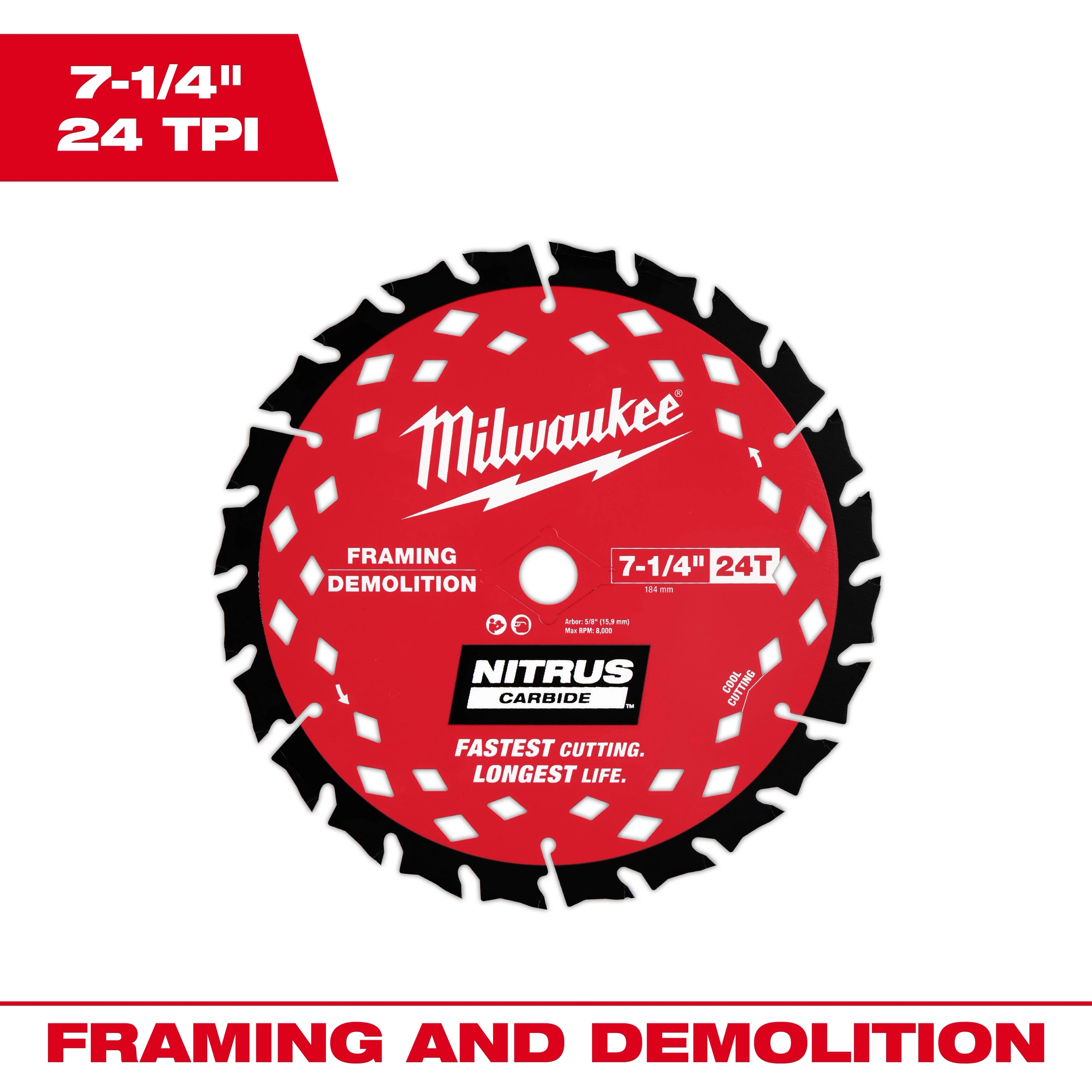 MILWAUKEE Milwaukee 48-41-0750 Nitrus Carbide Framing & Demolition Circular Saw Blade 7-1/4 Inch 24T Bulk 10 48-40-0750