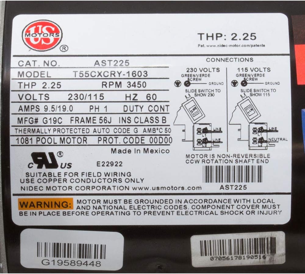 US MOTORS U.S. Motors AST225 56J C-Flange Single Speed 2.25HP Up-Rated Pool and Spa Motor