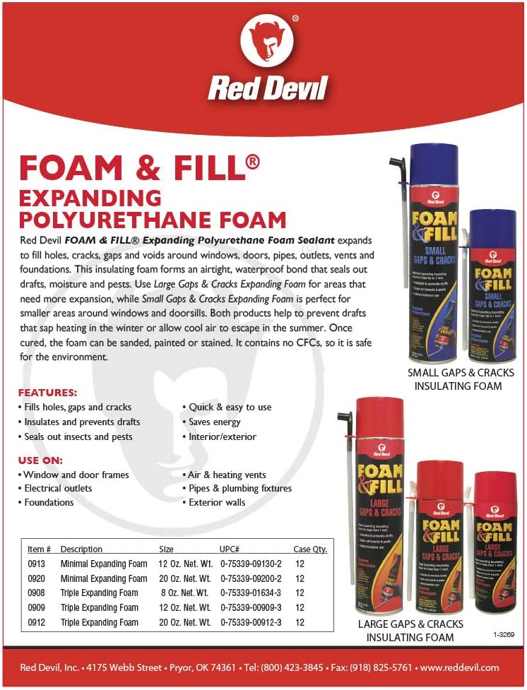 RED DEVIL Red Devil 0913 Foam & Fill Small Gaps & Cracks Expanding Polyurethane Sealant 12 oz