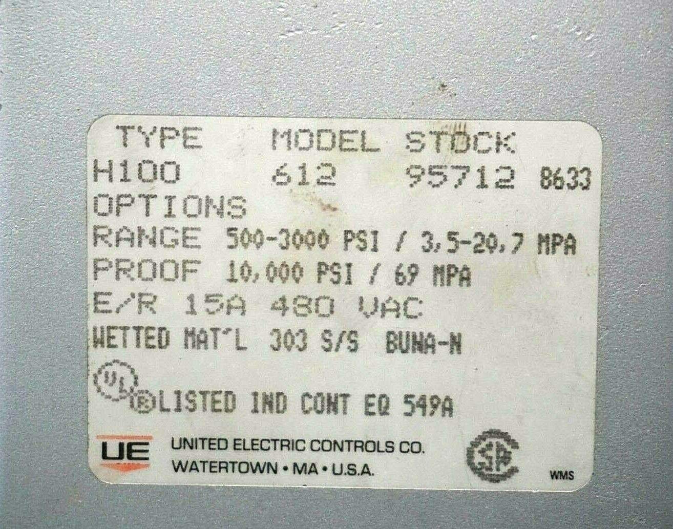 UNITED ELECTRIC CONTROLS UNITED ELECTRIC CONTROLS H100-612 Pressure Switch 125/250/480Vac 125-3000Psi 15A