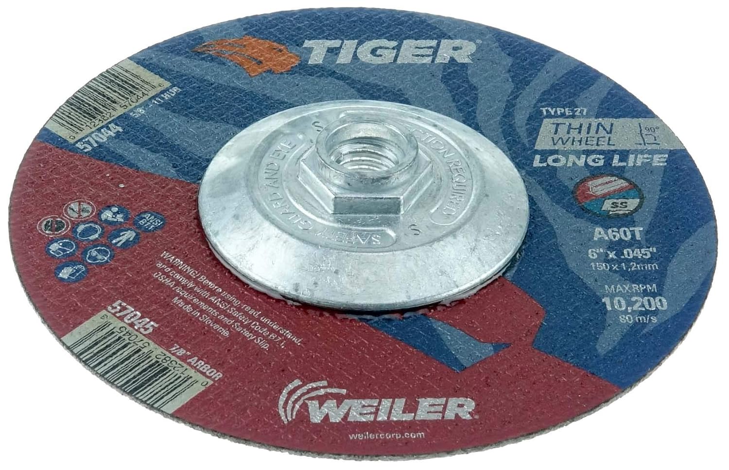 WEILER Weiler 57044 Tiger Cutting Wheel 6 Inch 0.045 Thick Type 27 A60T 5/8-11 Hub Pack of 10