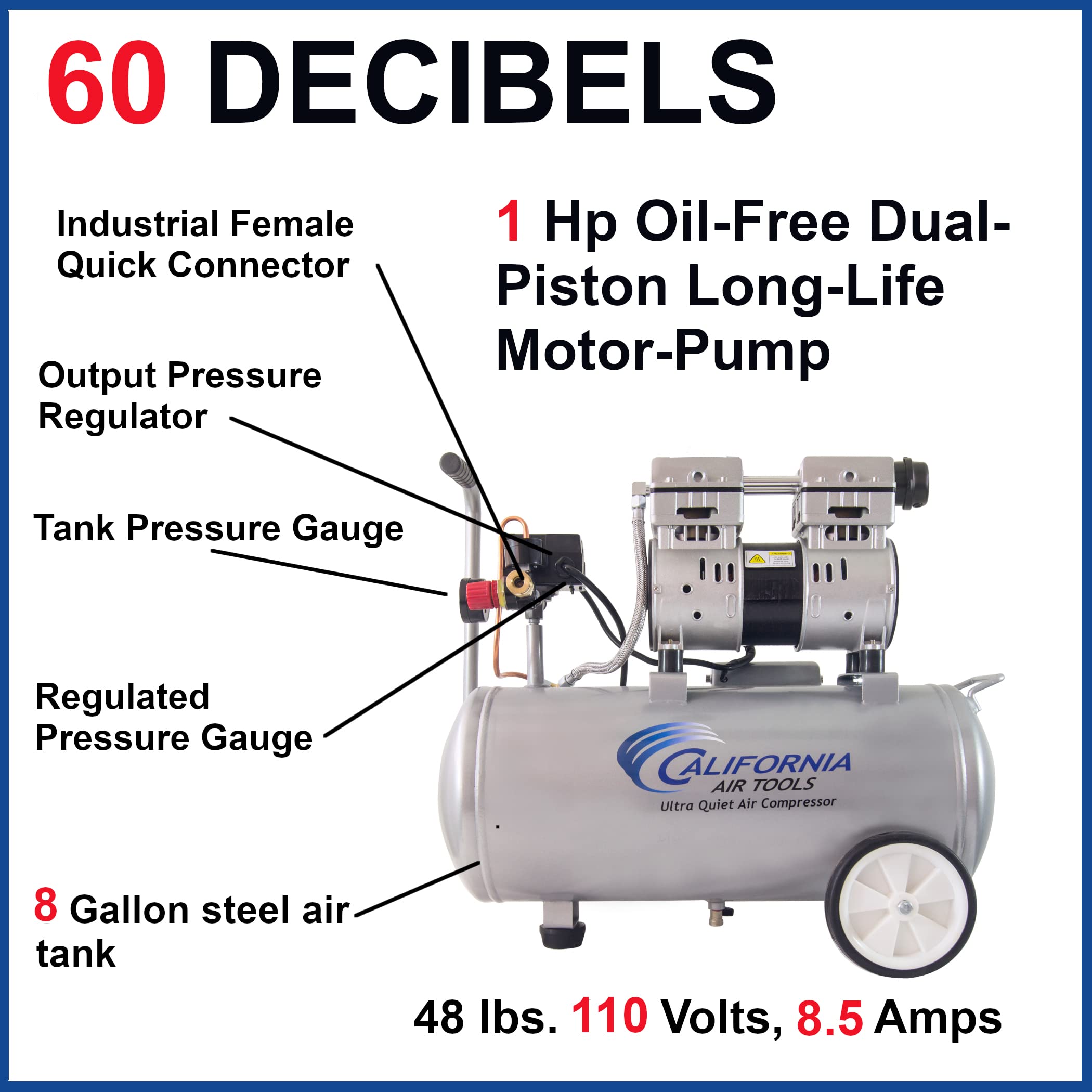CALIFORNIA AIR TOOLS California Air Tools 8010 Steel Tank Air Compressor | Ultra Quiet, Oil-Free, 1.0 hp, 8 gal