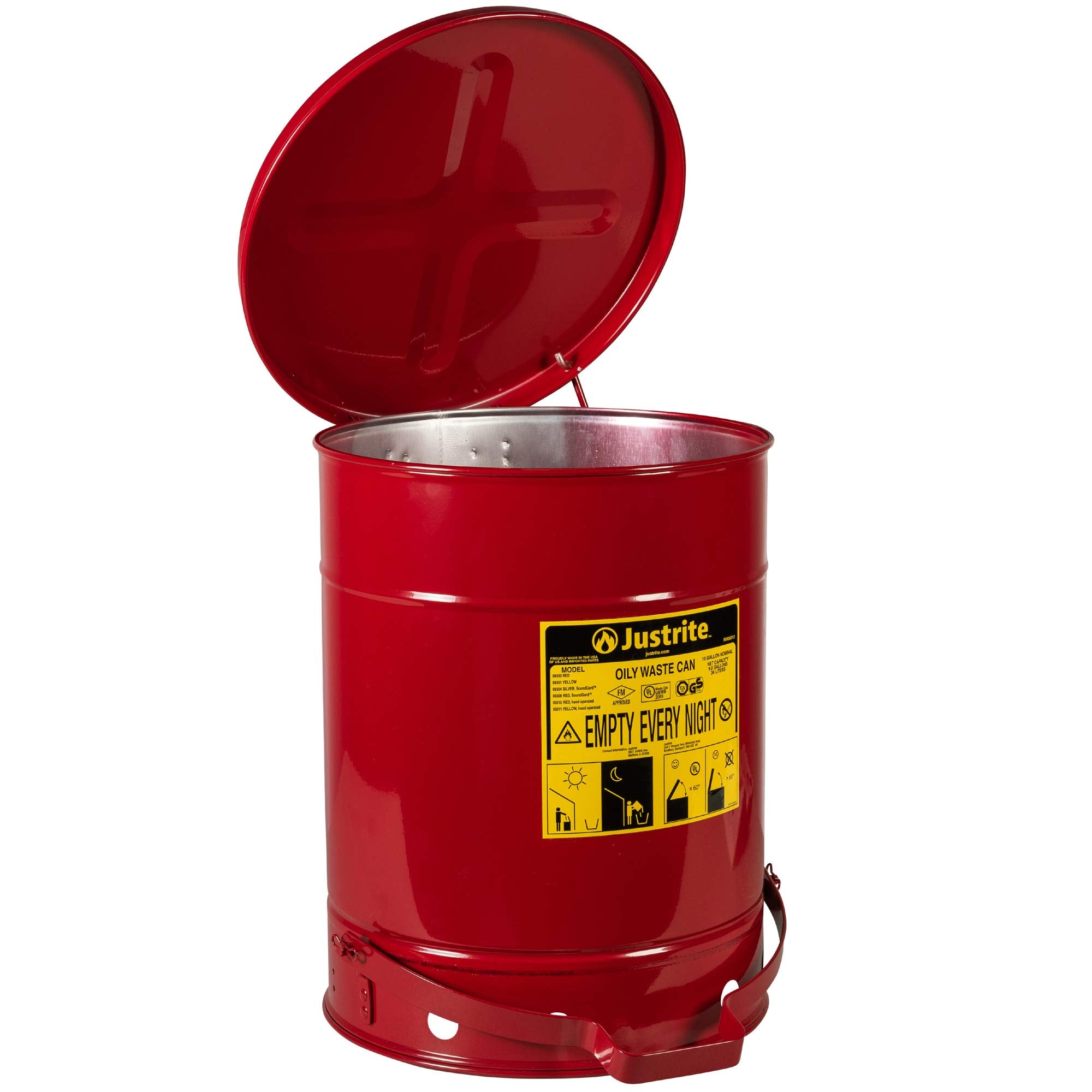 JUSTRITE Justrite 9300 10 Gallon Red Galvanized Steel Oily Waste Can Foot Lever Opening Device