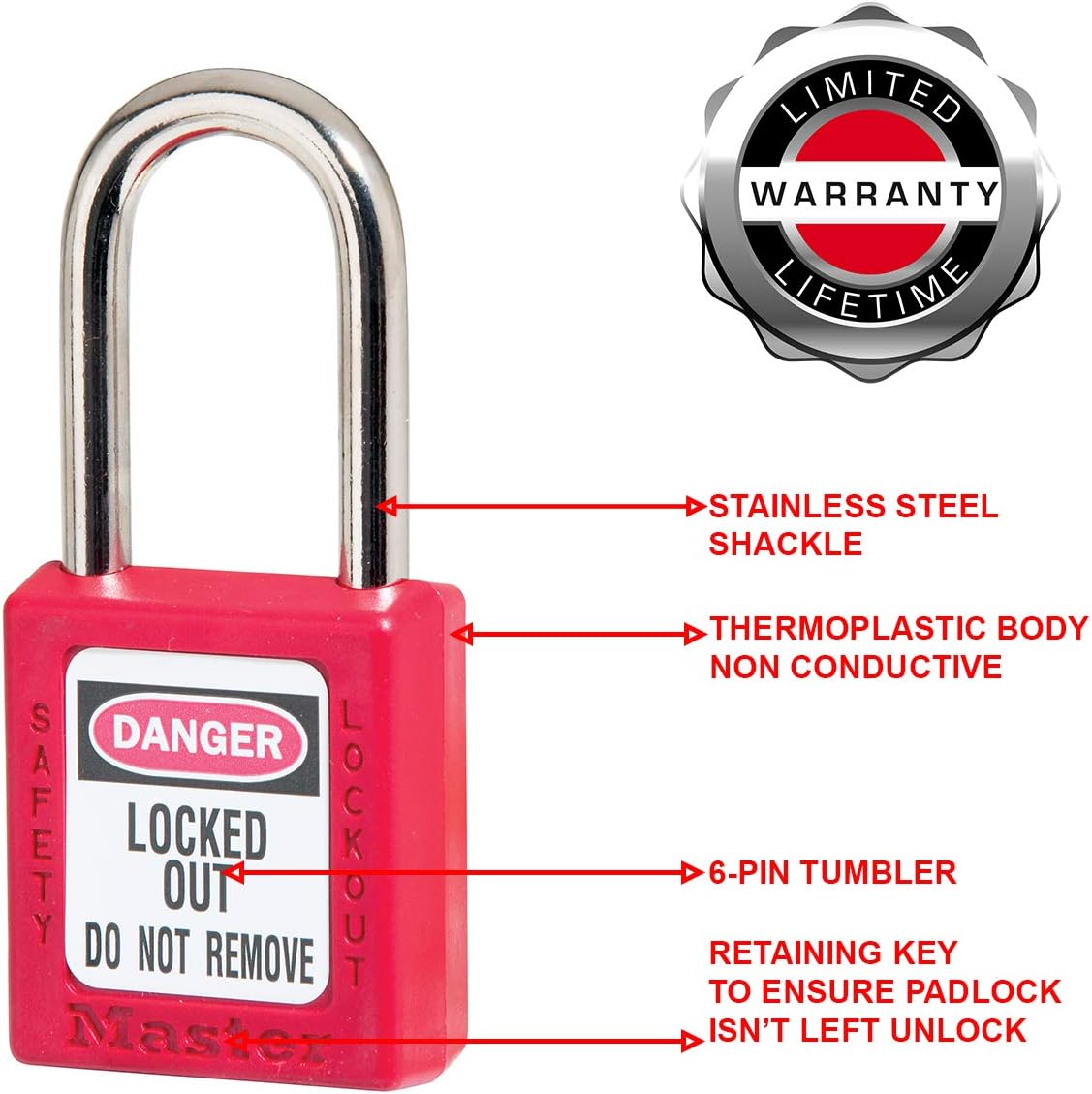 MASTER LOCK Master Lock 410KARED Lockout Tagout Safety Padlock with Key, Keyed-Alike