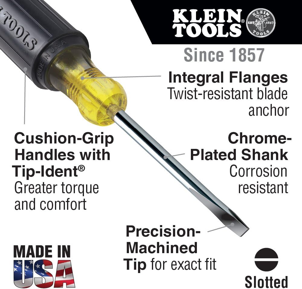 KLEIN TOOLS Klein Tools 601-4 Flathead Screwdriver 3/16-Inch Cabinet Tip 4-Inch Round Shank