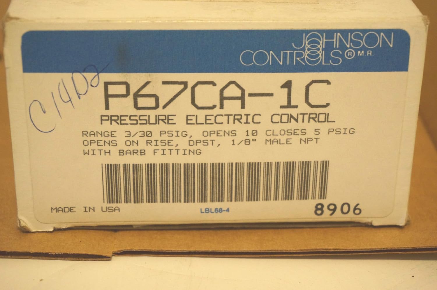 JOHNSON CONTROLS Johnson Controls P67CA-1C Penn Series P67 Low Pressure Control, Opens On Pressure Rise DPST Control, 3-30 psi