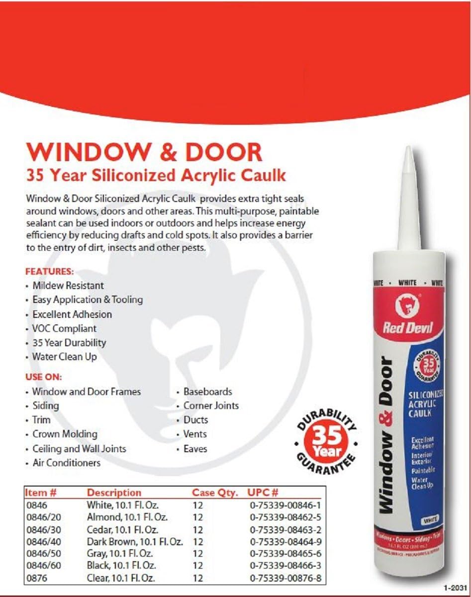 RED DEVIL Red Devil 0876 Window & Door Siliconized Acrylic Caulk 10.1 oz Pack of 12