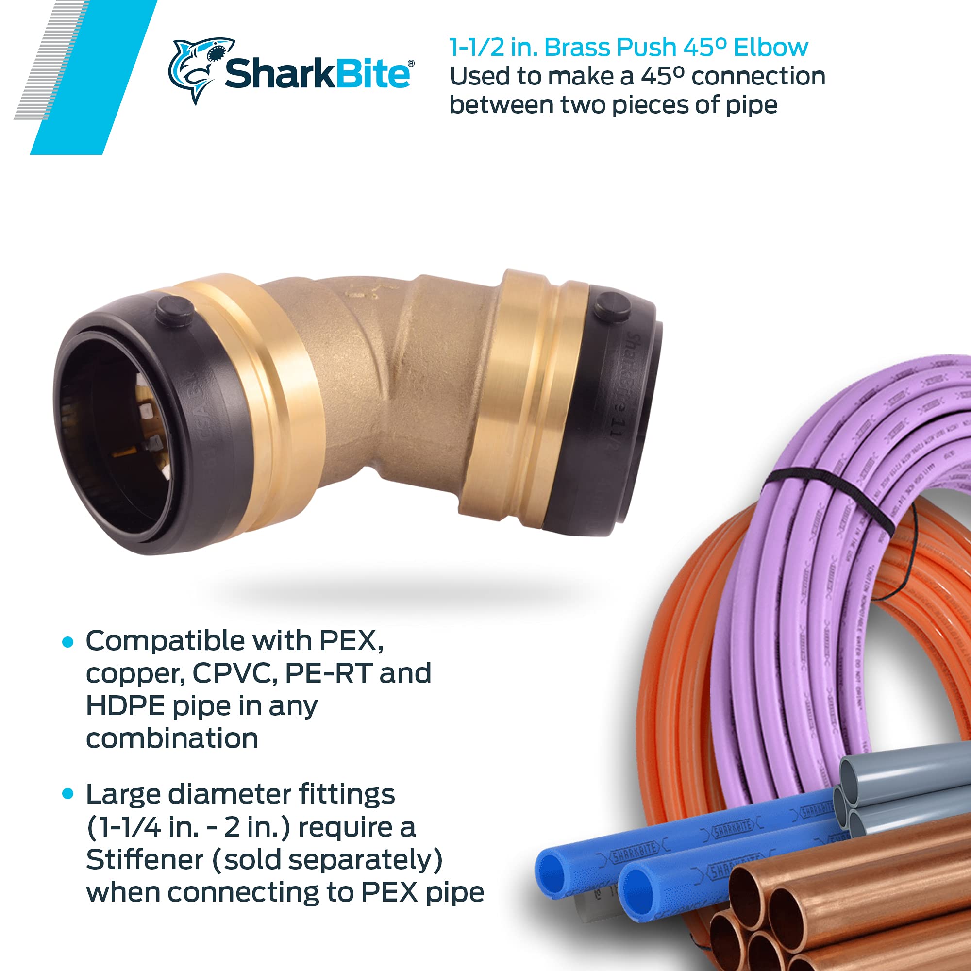 SHARKBITE SharkBite UXL0541 Push to Connect Brass Plumbing Fitting 1-1/2 Inch 45 Degree Elbow