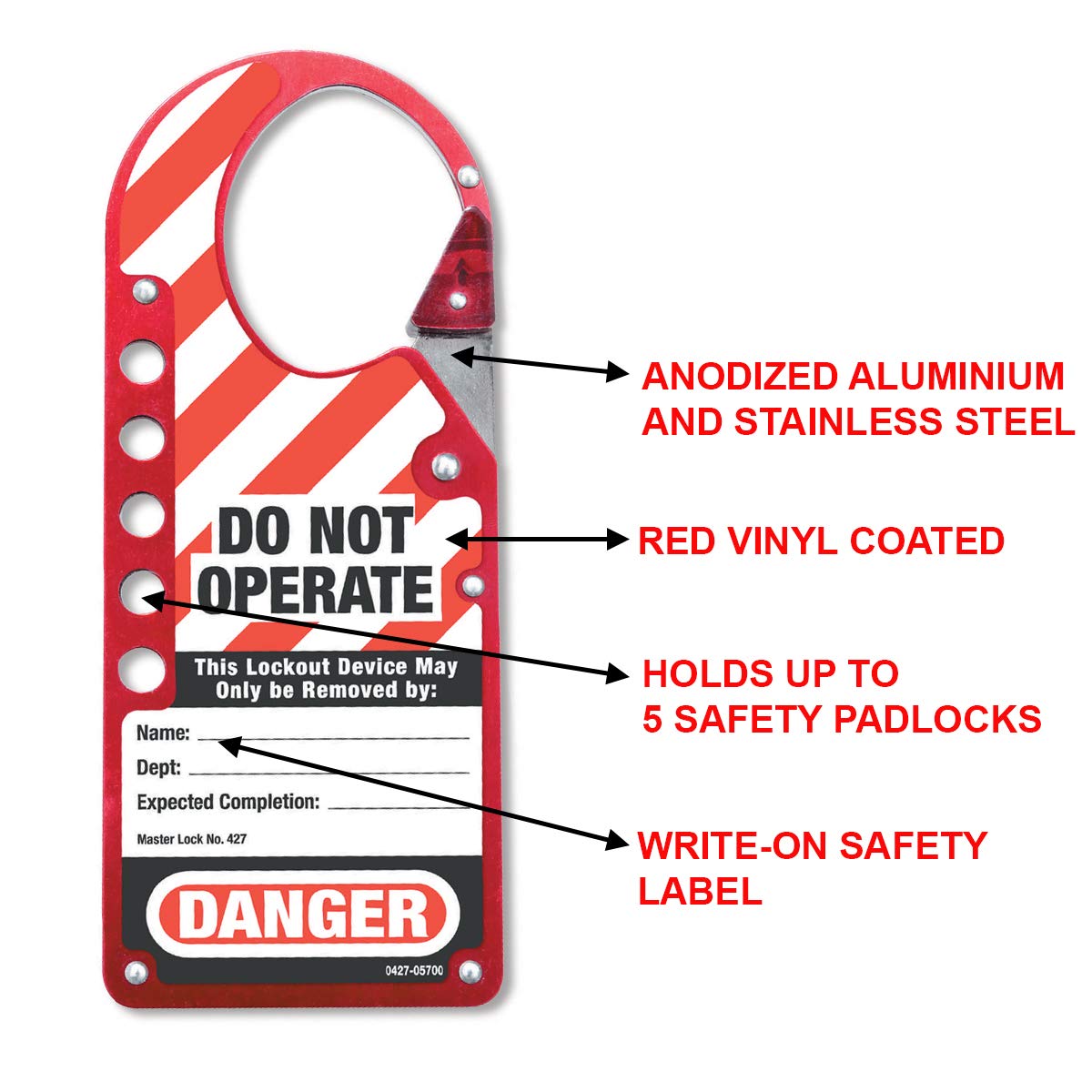 MASTER LOCK Master Lock 427 Snap-On Lockout Hasp with Tag Red 7 inches
