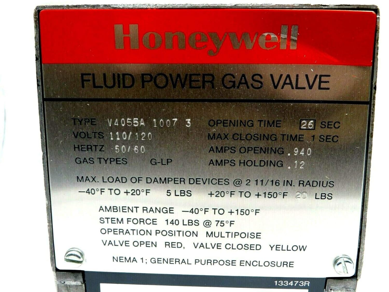 HONEYWELL Honeywell V4055A1007 Fluid Power Gas Valve Actuator On-Off 120 VAC 60 Hz