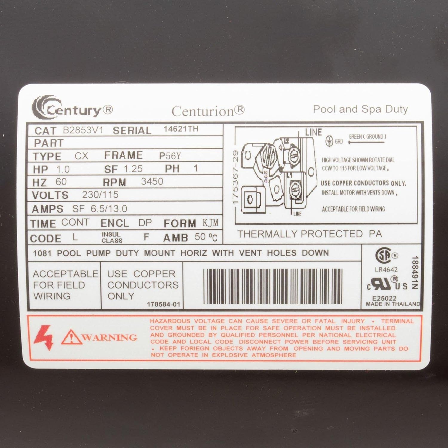 CENTURY MOTORS Century B2853V1 Pool Pump Motor 1HP 3450 RPM 115/230V 1-Speed