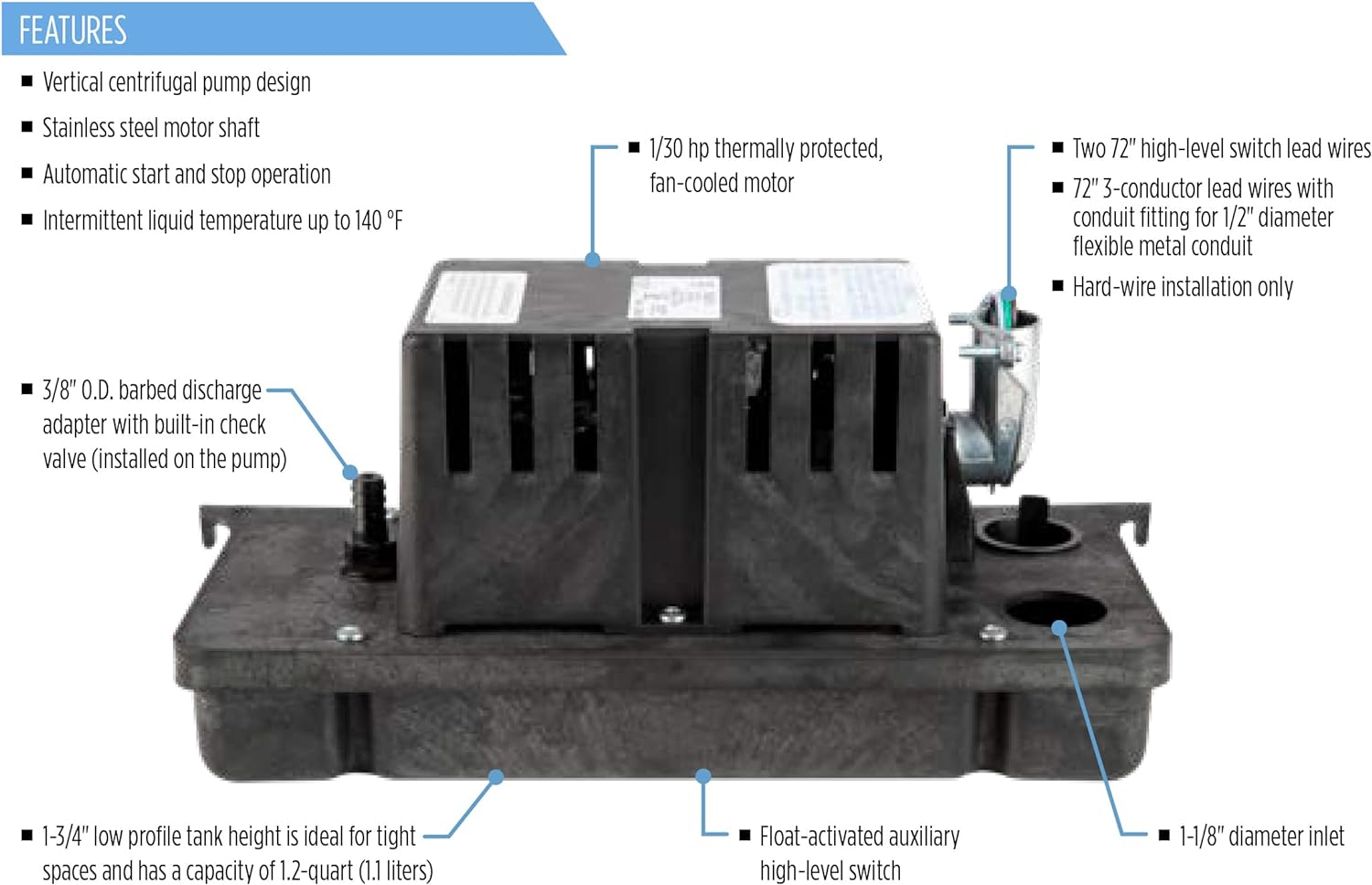 LITTLE GIANT Little Giant 554222101 VCCA-20-P Condensate Removal Pump 230 Volt 1/30 HP