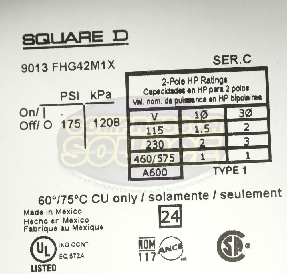 SCHNEIDER ELECTRIC Square D 9013FHG42J59M1X Air-Compressor Switch 110 Volts