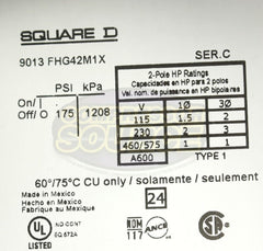 Square D 9013FHG42J59M1X Air-Compressor Switch 110 Volts