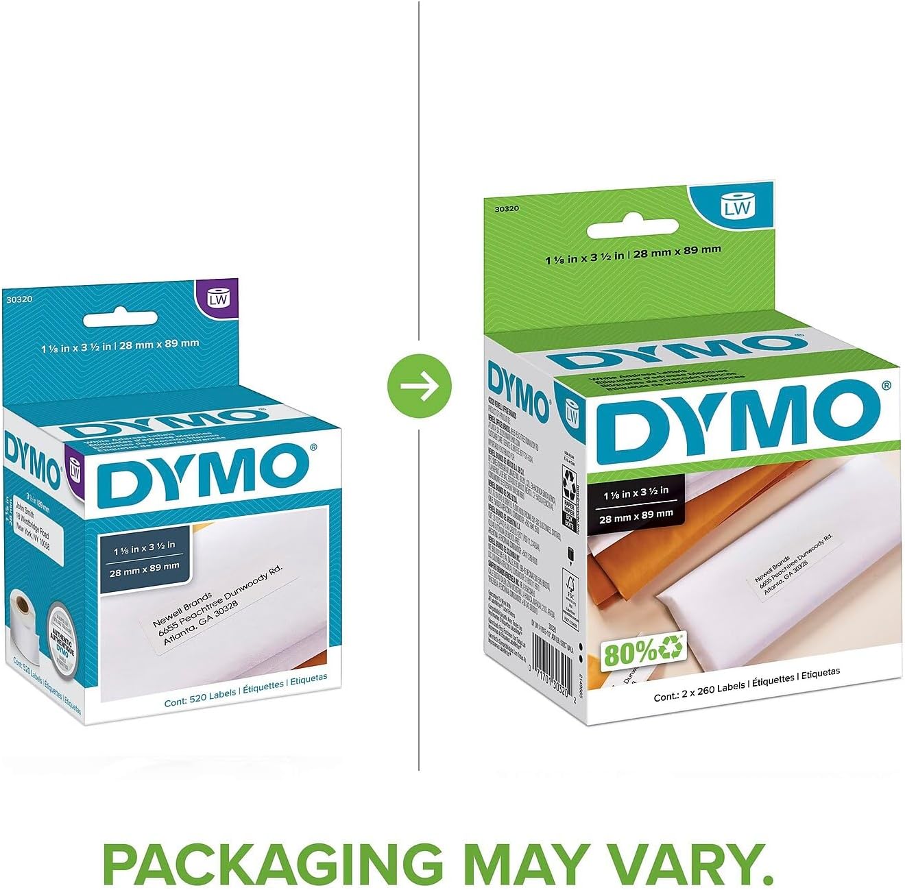 DYMO Dymo 30320 Labelwriter Address Labels 1-1/8 in x 3-1/2 in White 260 Labels/Roll 2 Rolls/Pack