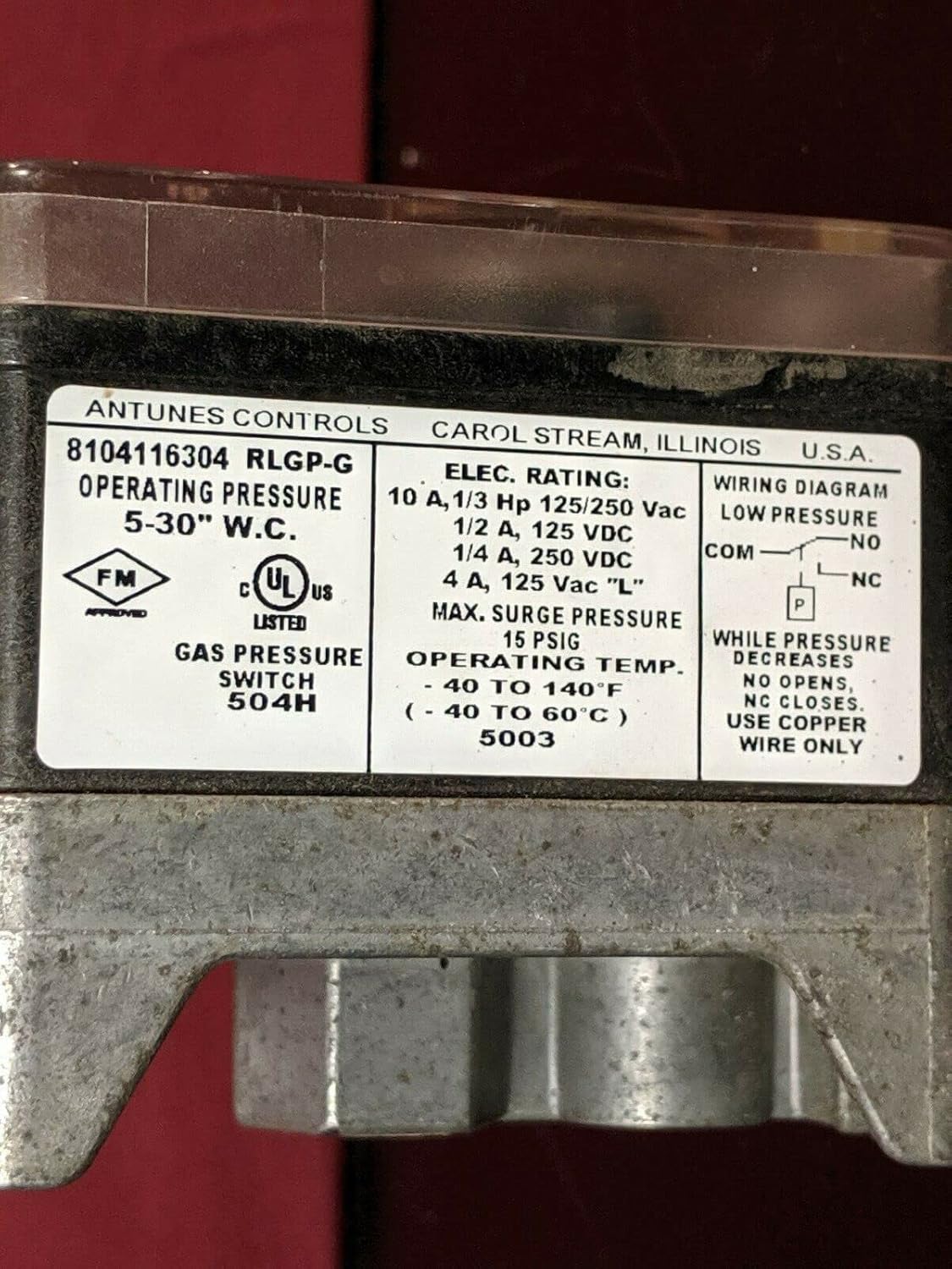 ANTUNES Antunes 8104116304 RLGP-G 5-30 WC Automatic Reset Gas Pressure Switch