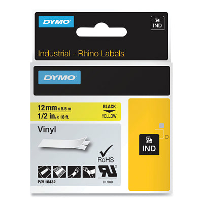 DYMO DYMO 18432 RHINO Industrial Vinyl Labels, 1/2 (12mm), Black on Yellow