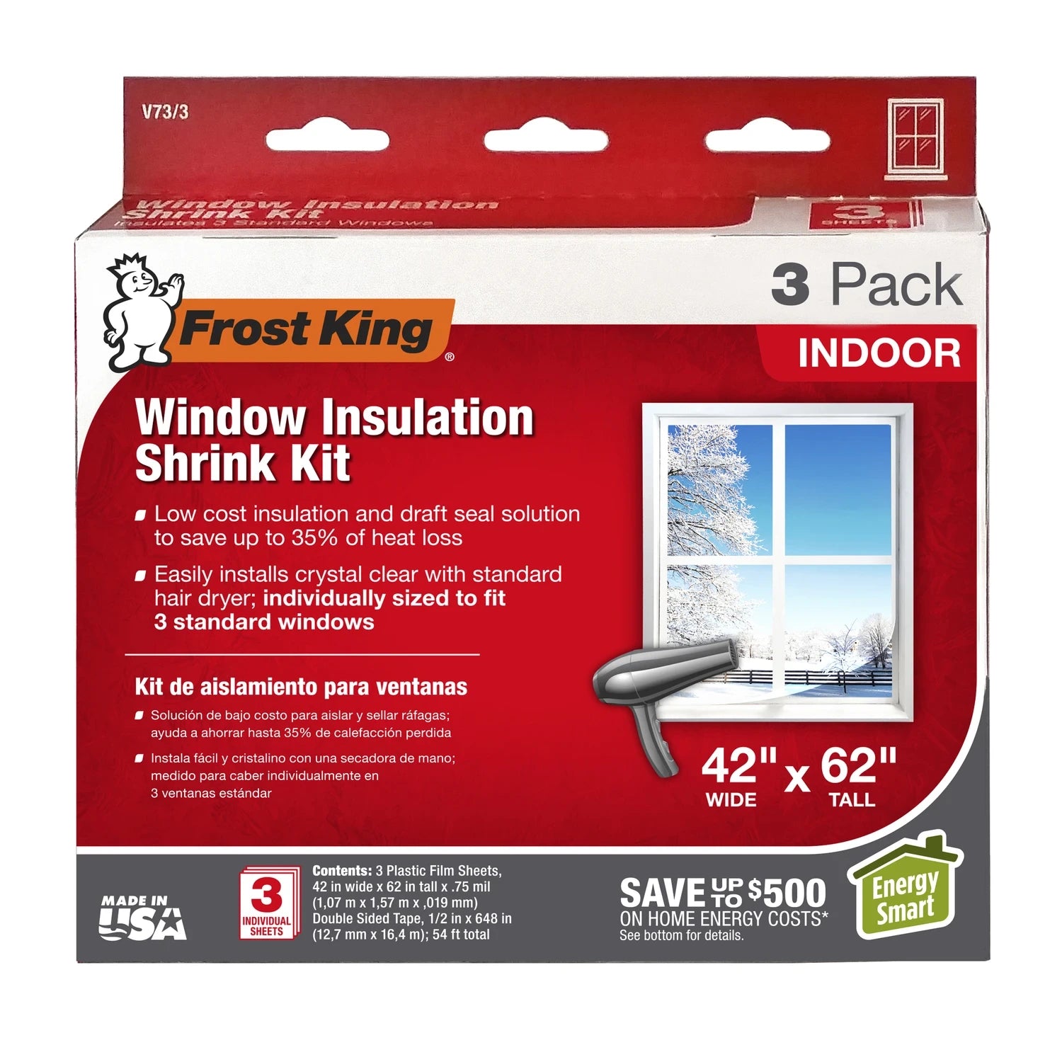 FROST KING Frost King V73/3QPD2 Indoor Shrink Film Window Kit 42 In. x 62 In. (3-Pack) V73/3QPD2