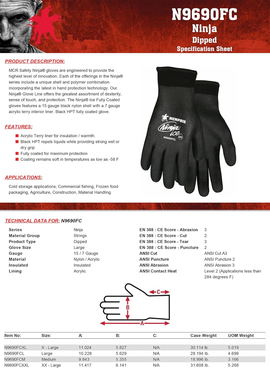 MCR SAFETY MCR Safety N9690FCXXL Ninja Ice FC Gloves Black Nylon XX-Large