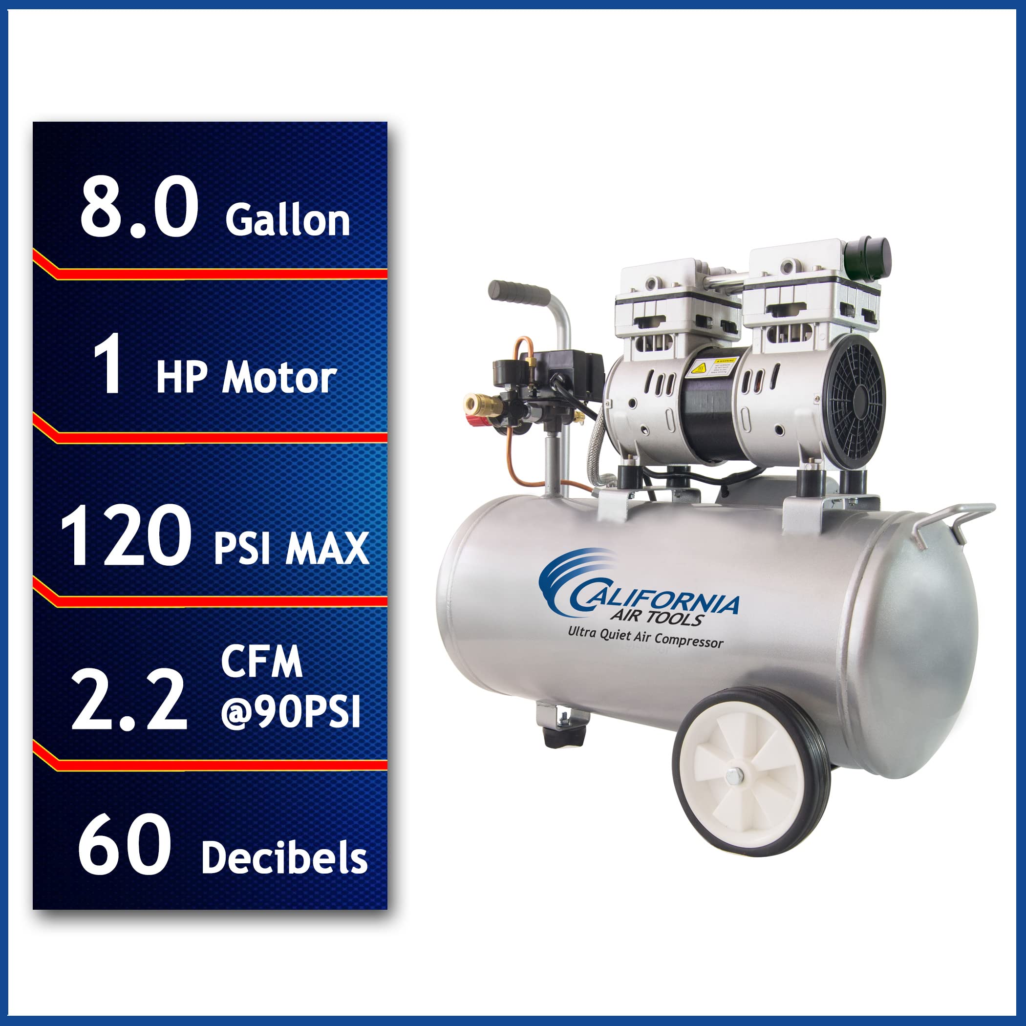 CALIFORNIA AIR TOOLS California Air Tools 8010 Steel Tank Air Compressor | Ultra Quiet, Oil-Free, 1.0 hp, 8 gal