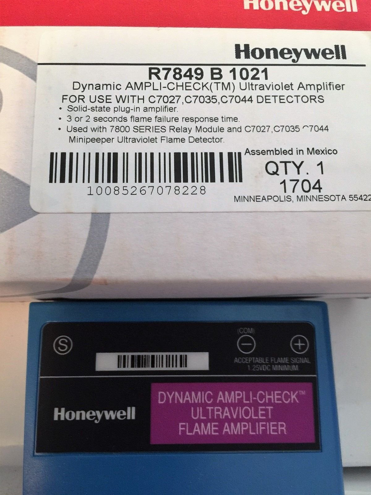 HONEYWELL Honeywell R7849B1021 Flame Signal Amplifier Ultraviolet 2 or 3 Second