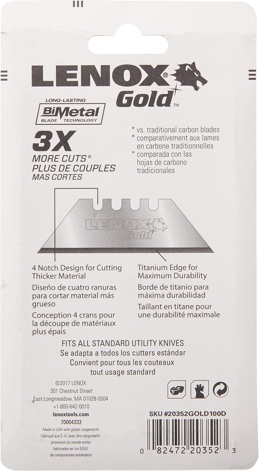 LENOX Lenox 20352GOLD100D Gold Titanium Nitride Coated Utility Knife Blades 100 Pack