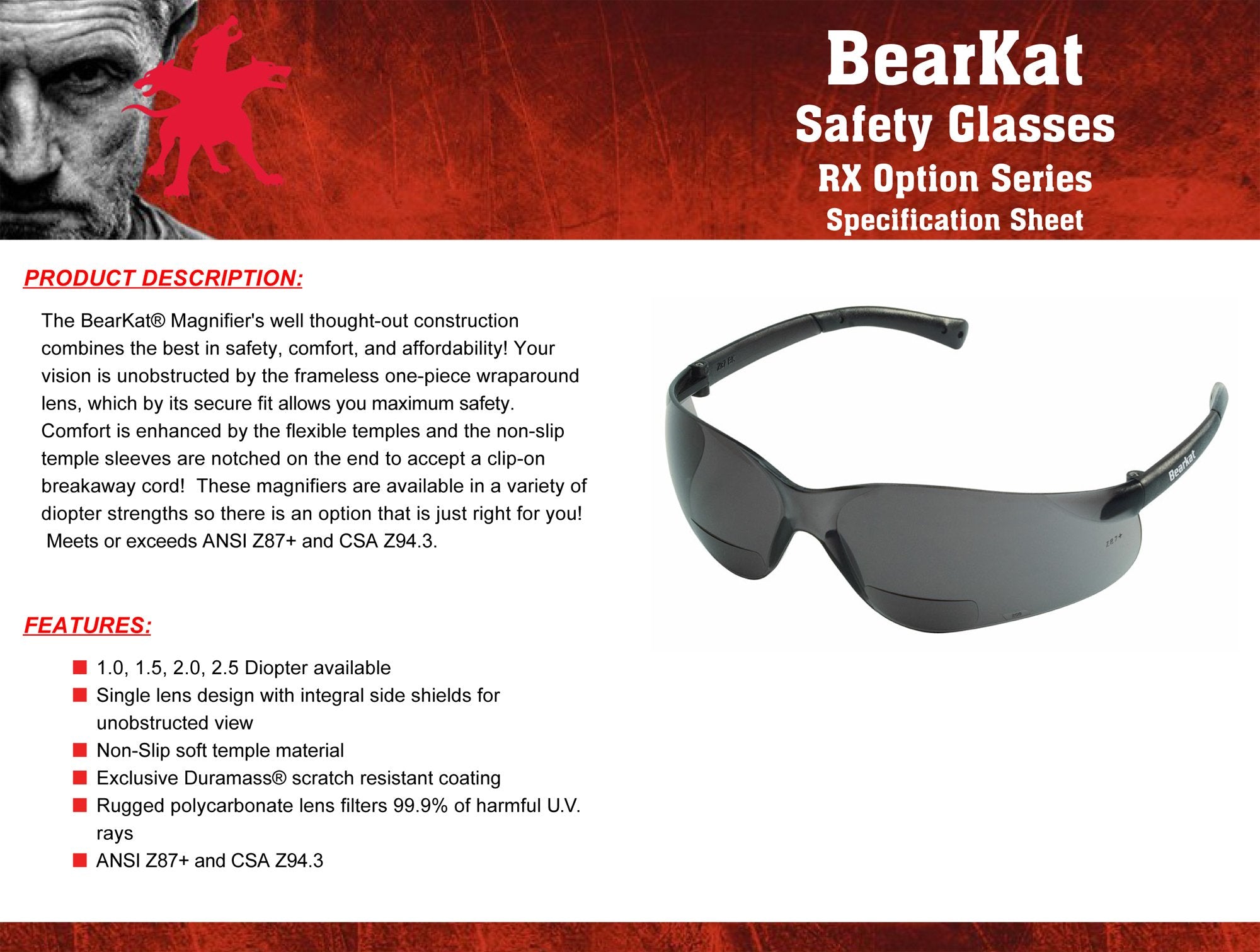 MCR SAFETY MCR Safety BKH15G BearKat Magnifier Polycarbonate 1.5 Diopter Gray Lens Safety Glasses (Pack of 2)