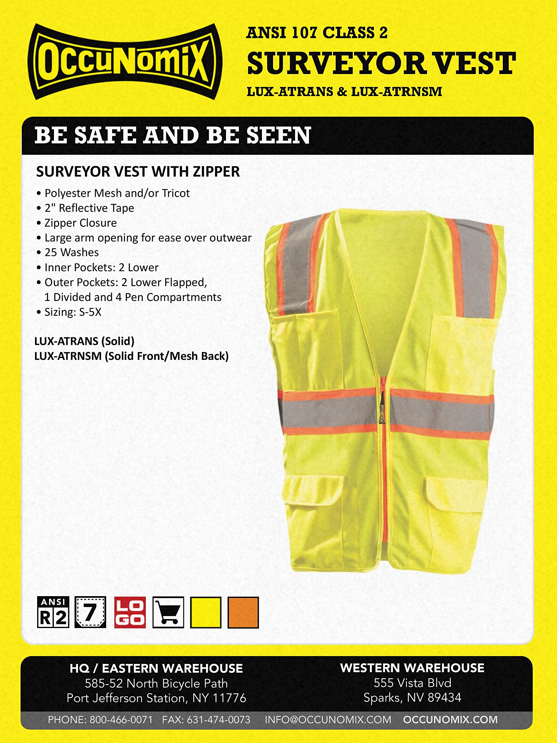 OCCUNOMIX OccuNomix LUX-ATRNSM-YM High Visibility Classic Mesh Two-Tone Zipper Surveyor Safety Vest Class 2 100% ANSI Polyester Tricot Front and Mesh Back