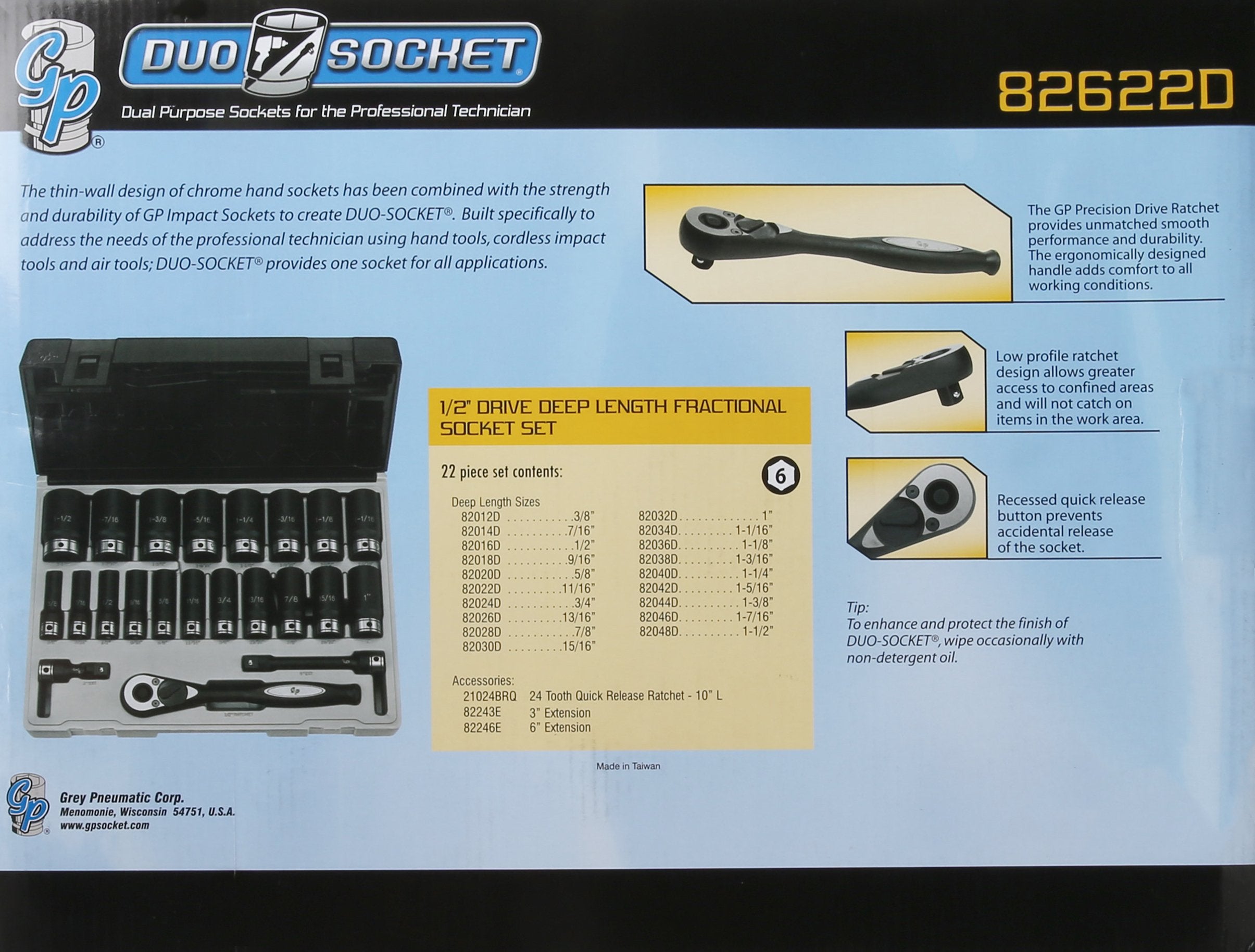 GREY PNEUMATIC Grey Pneumatic 82622D Duo-Socket Impact Socket Set 1/2 in Dr 6-pt Deep 22 Pc