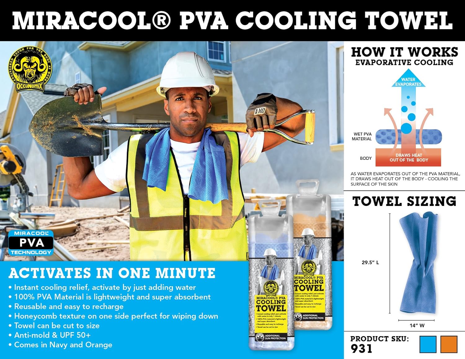OCCUNOMIX OccuNomix 931-BL MiraCool PVA Cooling Towel 29.50 x 14.00
